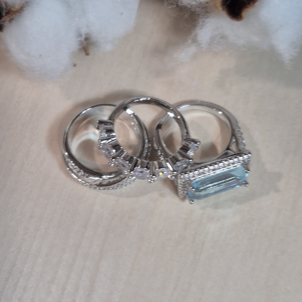 🩵🩶NEW🩵🩶 STUNNING!! Vintage 3PC Set Aquamarine CZ'S Rings In SILVER Plating - Picture 16 of 16